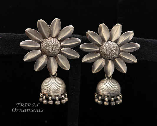 925 sterling silver large round flower design handmade stud earring with hanging jhumka, best ethnic tribal jewelry s1108 - TRIBAL ORNAMENTS