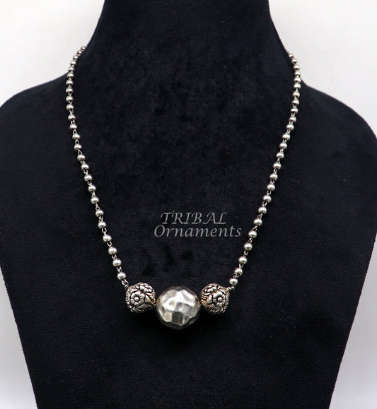 925 sterling silver handmade 4mm beads long necklace, unique ball design pendant traditional cultural functional necklace jewelry  set542 - TRIBAL ORNAMENTS