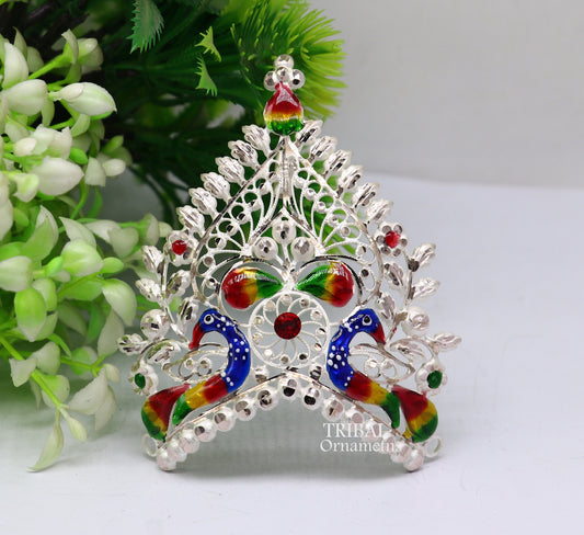 925 sterling silver vintage antique design handmade Mukut (crown), amazing peacock design silver god & goddess  crown home temple art su1021 - TRIBAL ORNAMENTS