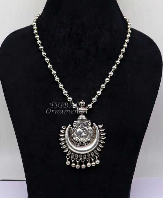 Vintage Indian traditional cultural style trendy 925 sterling silver plain 6mm beaded customized Ganesha long necklace tribal jewelry set545 - TRIBAL ORNAMENTS