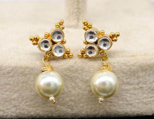 Indian traditional design handmade kundan work fabulous design 22 k 22 carat yellow gold stud earring with hanging pearl girls jewelry er168 - TRIBAL ORNAMENTS