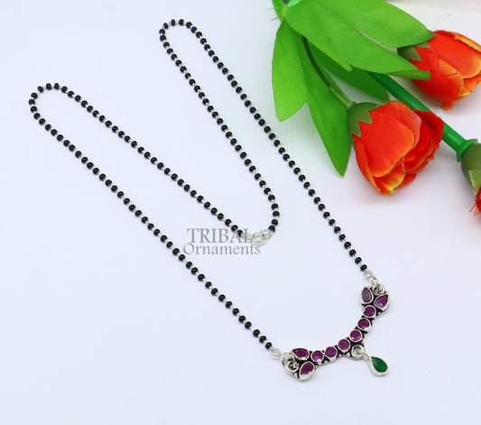 Trendy Red cut stone mangalsutra pendant 925 sterling silver black beads chain necklace, traditional style brides Mangalsutra necklace ms16 - TRIBAL ORNAMENTS