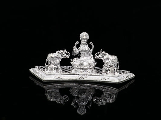 925 Sterling silver handmade Indian Idols Goddess Laxmi with elephant Statue figurine, puja articles Diwali puja gift art625 - TRIBAL ORNAMENTS