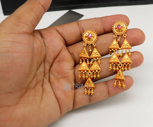 Vintage traditional cultural design fabulous 22kt yellow gold handmade ethnic tribal earrings women's tribal jewelry from India ear169 - TRIBAL ORNAMENTS