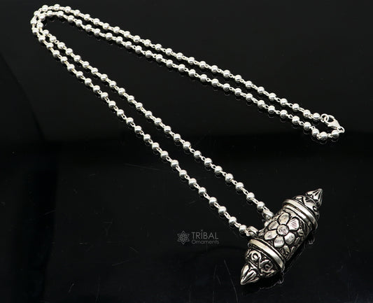 925 Sterling silver handmade vintage design amulet box pendant single line beaded necklace tribal ethnic mantra box pendant jewelry set629 - TRIBAL ORNAMENTS