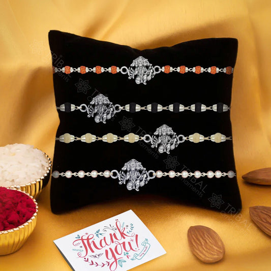 Exclusive style Lord Panchmukhi hanuman 925 sterling silver Rakhi bracelet in rudraksh/black basil/white basil and silver beaded chain rk264 - TRIBAL ORNAMENTS