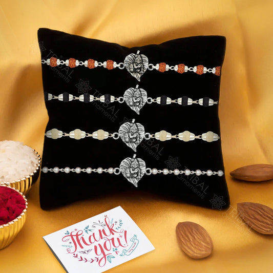 Lord Krishna fabulous design 925 sterling silver Rakhi bracelet in rudraksh/black basil/white basil and silver beaded chain rk274 - TRIBAL ORNAMENTS