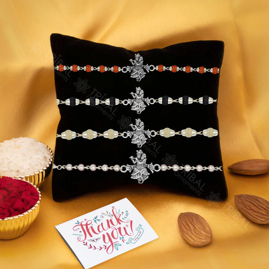 Lord Krishna Radhe Krishna design 925 sterling silver Rakhi bracelet in rudraksh/black basil/white basil and silver beaded chain rk275 - TRIBAL ORNAMENTS