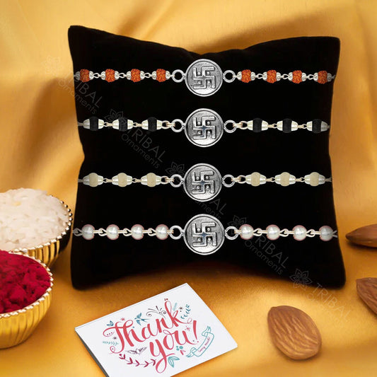 Amazing stylish delicate charm rakhi 925 sterling silver Rakhi bracelet in rudraksh/black basil/white basil and silver beaded chain rk287 - TRIBAL ORNAMENTS