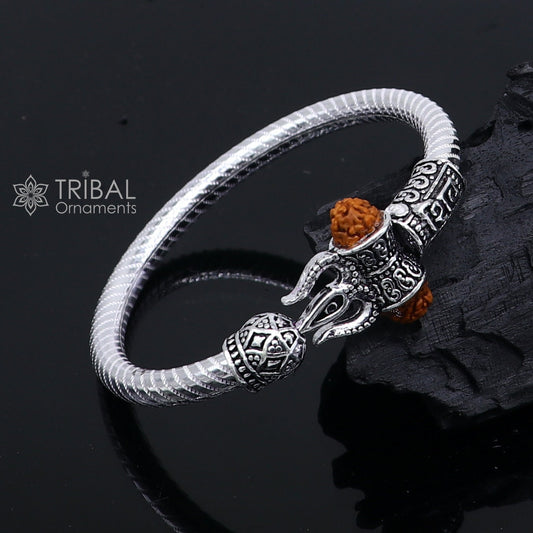 Handmade Sterling silver Lord Shiva Trident Kada Mahakal bracelet, Rudraksh bracelet, Babhubali kada girl's gifting jewelry nsk706 - TRIBAL ORNAMENTS