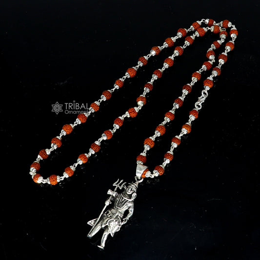 925 sterling silver handmade Divine Lord shiva with trident pendant & Rudraksha chain, holy pendant protect from negative energy nsp756 - TRIBAL ORNAMENTS