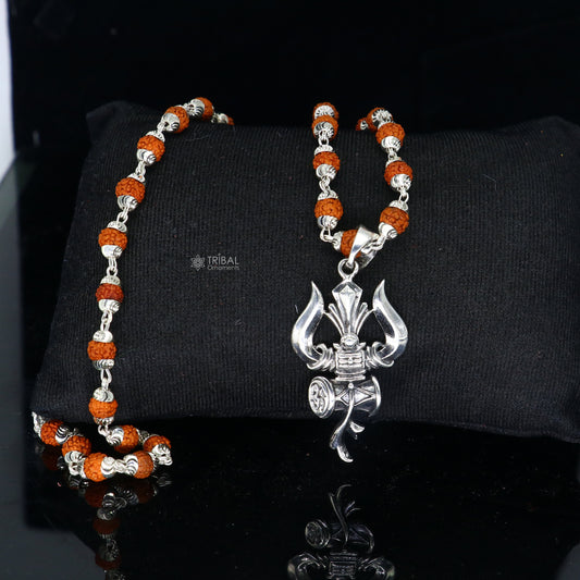 925 sterling silver handmade Divine Lord shiva trident pendant & Rudraksha chain, holy pendant protect from negative energy nsp757 - TRIBAL ORNAMENTS