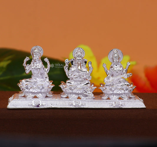 Combo Lakshmi Ganesha and Saraswati 925 Sterling silver puja article figurine statue, Diwali puja brings joy, hope, and wealth art725 - TRIBAL ORNAMENTS