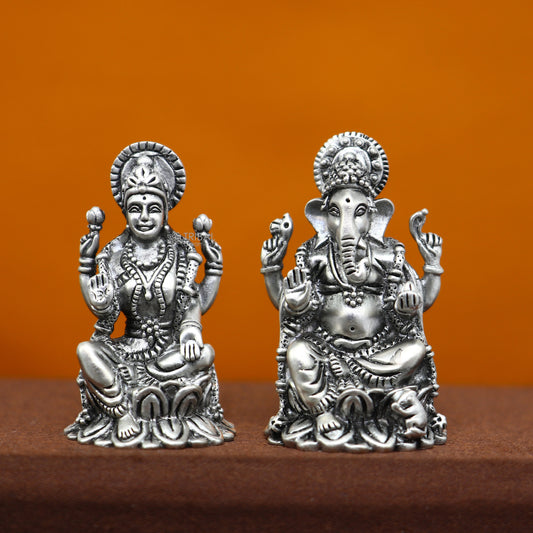 1.5" 925 Sterling silver Lakshmi and Ganesha statue, puja article figurine, Diwali puja brings joy, hope, and wealth to the owners art720 - TRIBAL ORNAMENTS