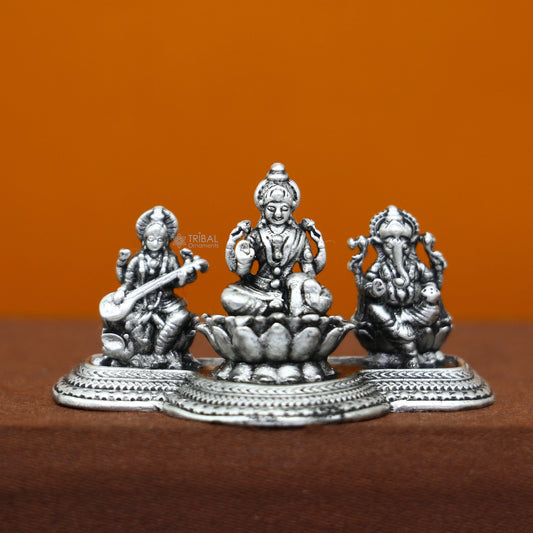 Combo Lakshmi Ganesha and Saraswati 925 Sterling silver puja article figurine statue, Diwali puja brings joy, hope, and wealth art721 - TRIBAL ORNAMENTS