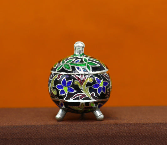 925 Sterling silver handmade fabulous trinket box, Silver container box, casket box, sindoor box, enamel work customized gifting box stb833 - TRIBAL ORNAMENTS