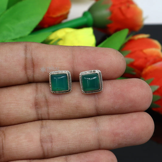 10MM 925 sterling silver fabulous green onyx stone square shape stud earrings, best unisex jewelry fancy earrings daily use jewelry s1225 - TRIBAL ORNAMENTS