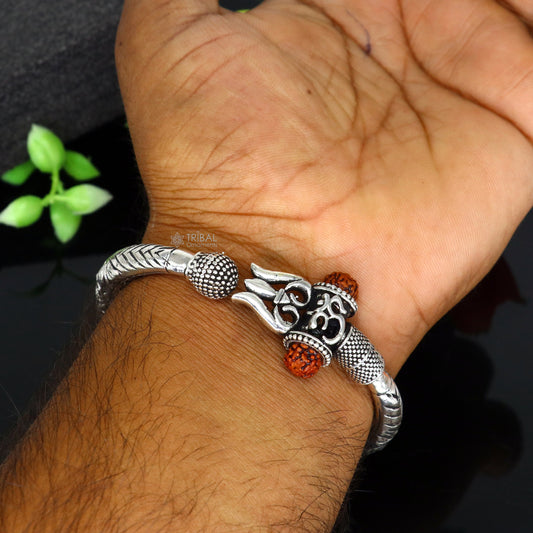 925 Sterling silver handmade Vintage style chitai work Lord Shiva trident trishul kada bangle bracelet with Rudraksha customized kada nsk761 - TRIBAL ORNAMENTS