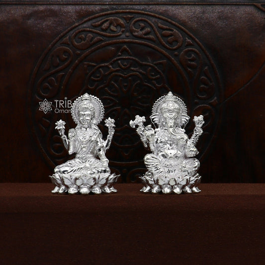 1.5" 925 Sterling silver Lakshmi and Ganesha statue, puja article figurine, Diwali puja brings joy, hope, and wealth to the owners art746 - TRIBAL ORNAMENTS