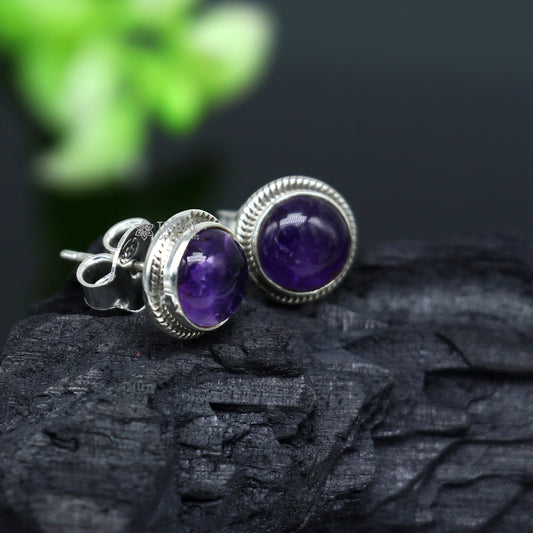 11MM round 925 sterling silver fabulous amethyst stone stud earrings, best unisex jewelry fancy earrings daily use jewelry collection s1220 - TRIBAL ORNAMENTS