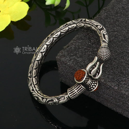 925 Sterling silver handmade Vintage style chitai work Lord Shiva trident trishul kada bangle bracelet with Rudraksha customized kada nsk762 - TRIBAL ORNAMENTS