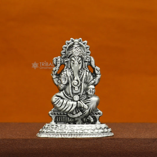 925 Sterling silver Divine lord idol Ganesha statue art, best puja figurine for home temple for wealth and prosperity art731 - TRIBAL ORNAMENTS