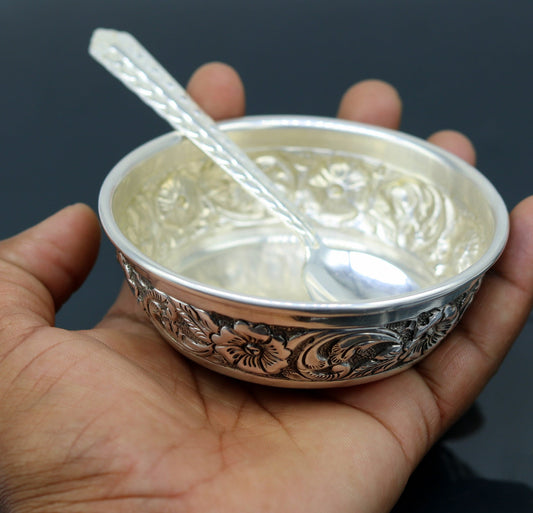 925 sterling silver handcrafted work silver bowl and spoon, silver has antibacterial properties, best gift to baby for rice ceremony sv74 - TRIBAL ORNAMENTS