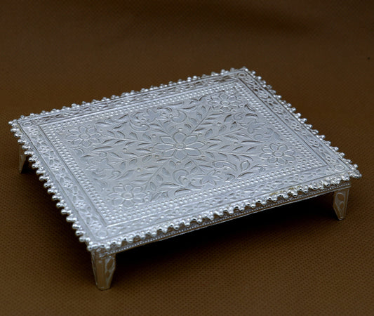 3.5"x4.5" Vintage design Sterling silver handmade customize small rectangle shape table/bazot/chouki, excellent home puja utensils su1265 - TRIBAL ORNAMENTS