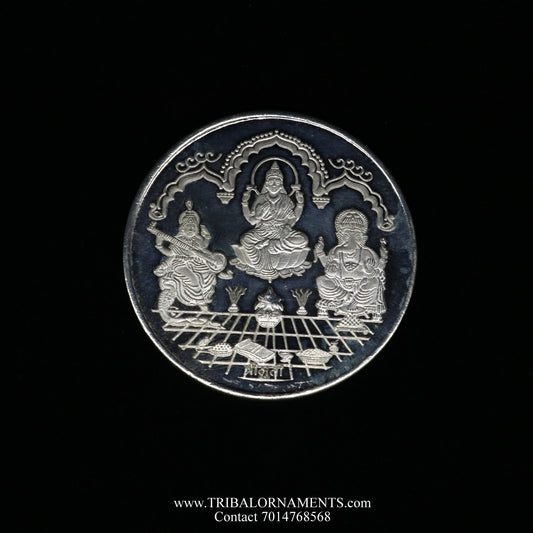 92.5 Silver Purity Ganesha + Lakshmi + Saraswati 50 Gram Coin for diwali CN17 - TRIBAL ORNAMENTS