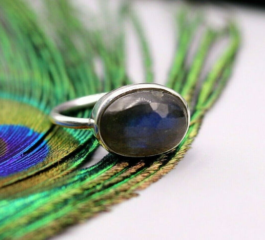 EXCELLENT BLUE FIRE LABRADORITE STONE 925 SOLID SILVER RING UNISEX BAND sr152 - TRIBAL ORNAMENTS